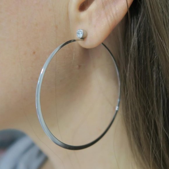 Michael Kors Cubic Zirconia Whisper Hoop Silver Tone Earrings Medium - Picture 4 of 6